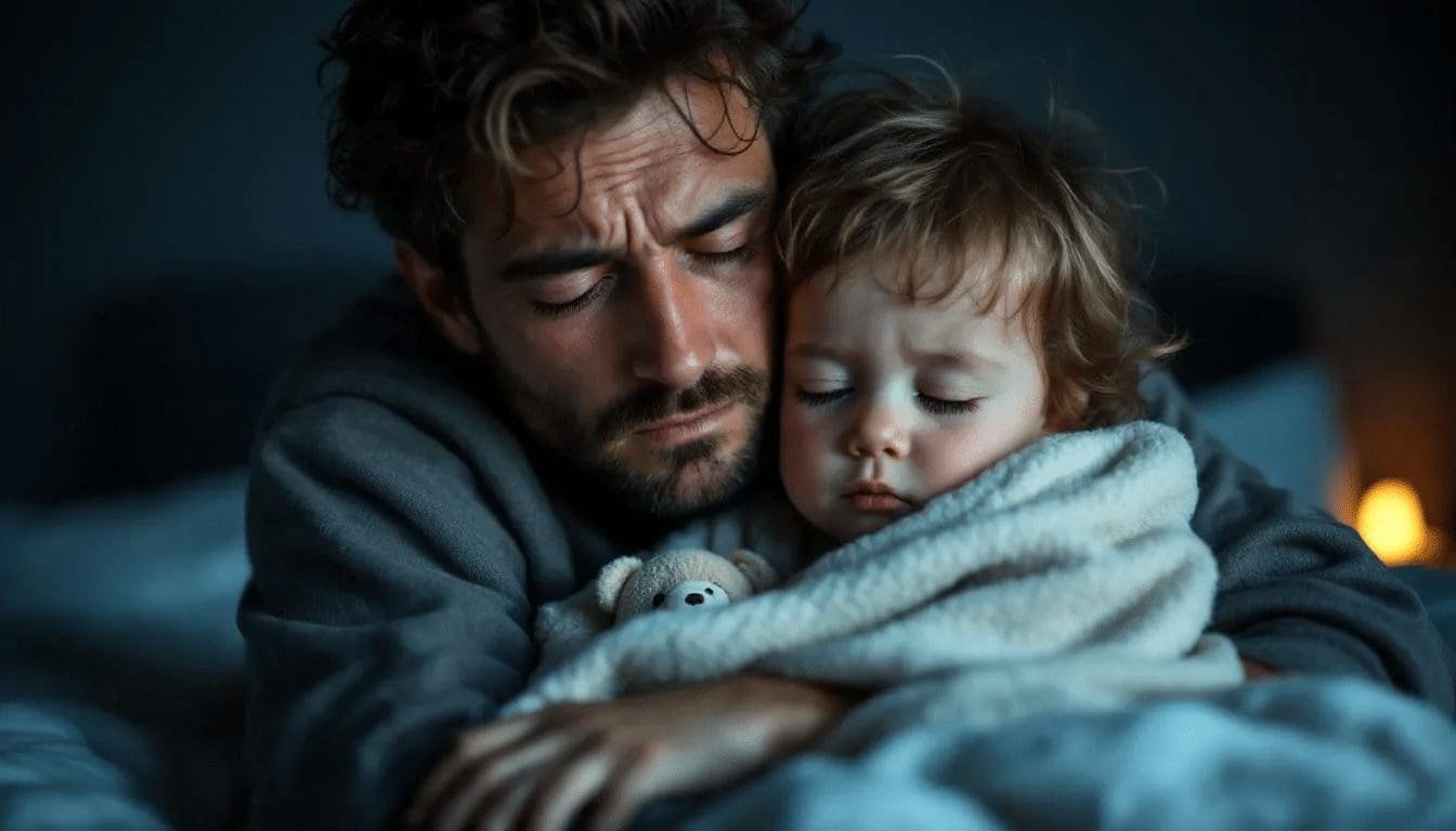 Utslitt av barn med adhd - du er ikke alene 1 En utmattet forelder holder rundt barnet sitt, som ser ut til å være en kilde til både glede og utfordringer, typisk for familier med barn med adhd. Forelderen ser sliten ut, men gir barnet sitt en trygg omfavnelse, som symboliserer den sterke forbindelsen mellom dem.