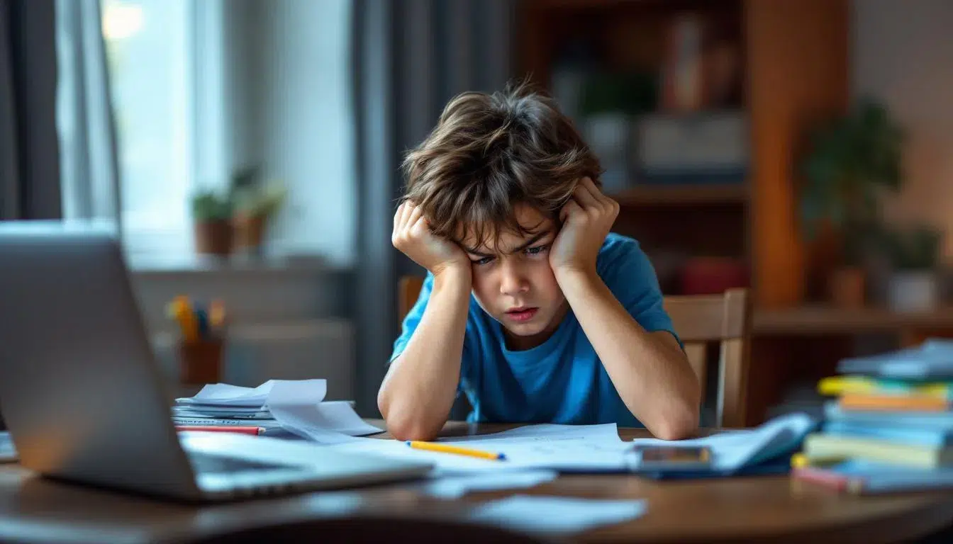 Utslitt av barn med adhd - du er ikke alene 2 Et barn med adhd sitter ved leksebordet, ser frustrert ut mens det prøver å konsentrere seg om oppgavene, men blir lett distrahert. Foreldrene ser på, klare til å gi hjelp og støtte for å gjøre lekser til en bedre opplevelse for barnet.
