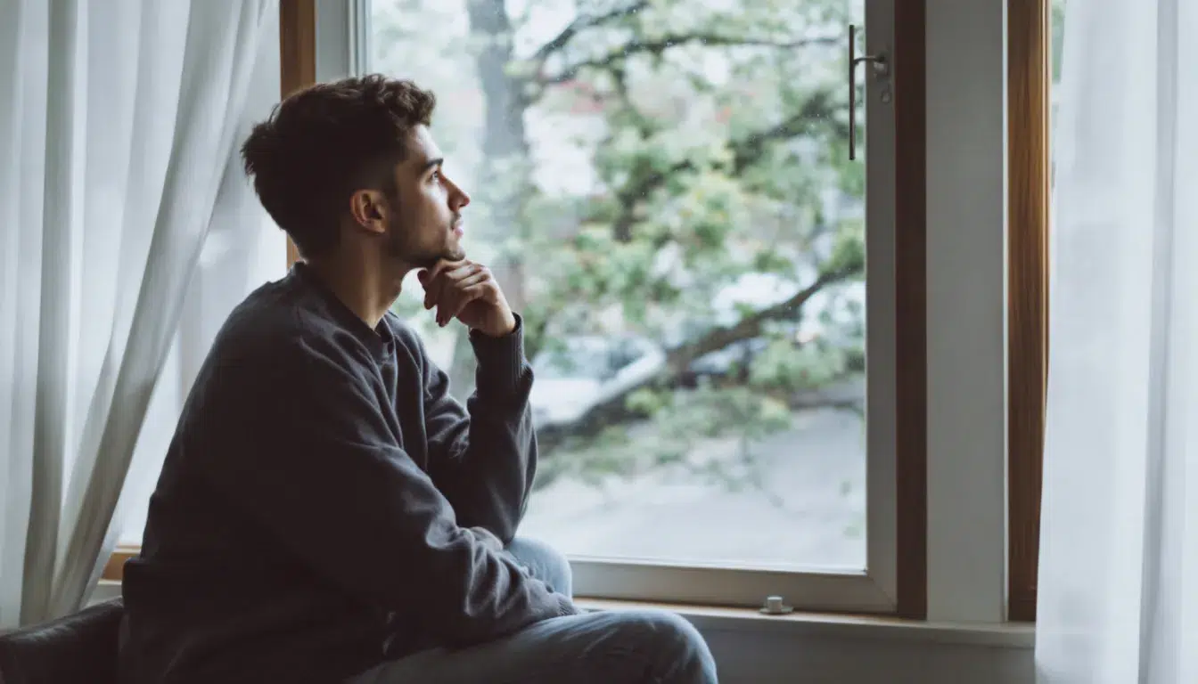 Selvmedfølelse: din vei til økt indre ro og bedre livskvalitet 18 En fredelig scene viser en person som sitter ved et vindu og reflekterer over livet. Dette øyeblikket av mindfulness gir rom for å akseptere egne følelser og styrke selvmedfølelsen i møte med livets utfordringer.