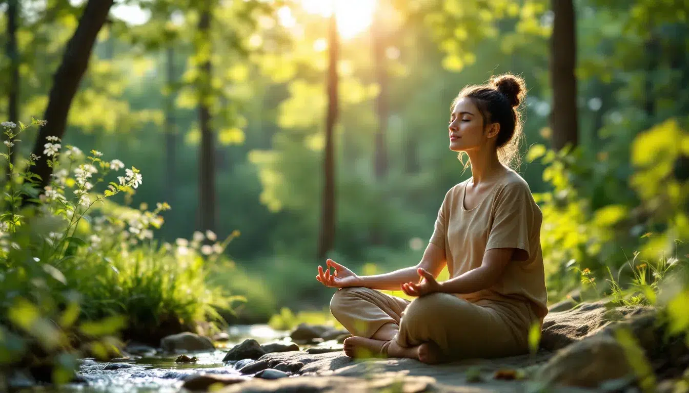 Selvmedfølelse: din vei til økt indre ro og bedre livskvalitet 1 En person sitter rolig i naturskjønne omgivelser og praktiserer mindfulness, og tar seg tid til å møte sine egne følelser med selvmedfølelse. Dette øyeblikket av indre ro hjelper vedkommende med å håndtere stress og oppnå en bedre forståelse av livet.