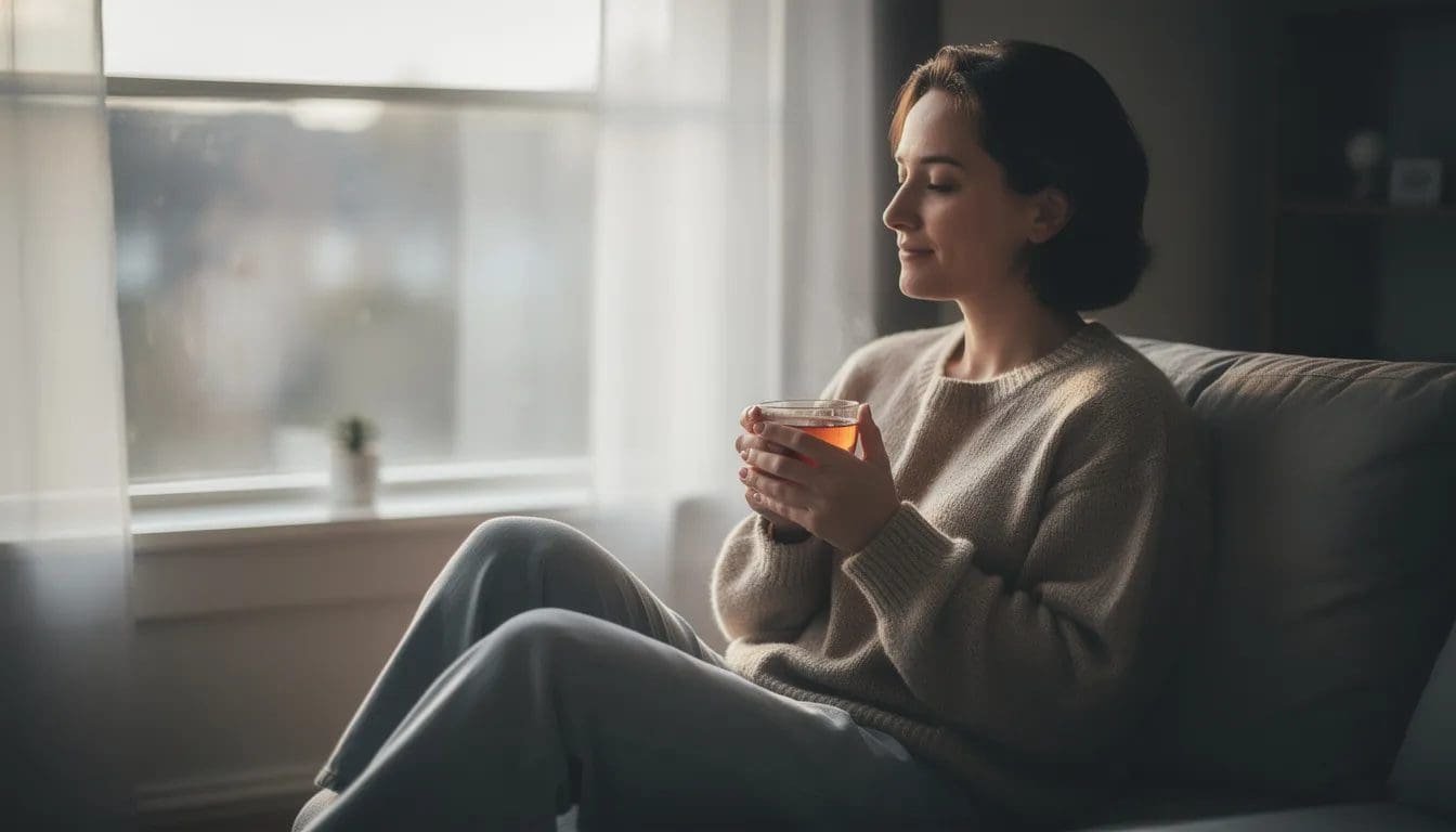 Ta vare på deg selv: egenomsorg når livet kjennes tungt 1 En person sitter rolig ved et vindu med en kopp te i hendene, og mykt dagslys strømmer inn. Denne scenen gir en følelse av fred og oppfordrer til å ta vare på seg selv i hverdagen.