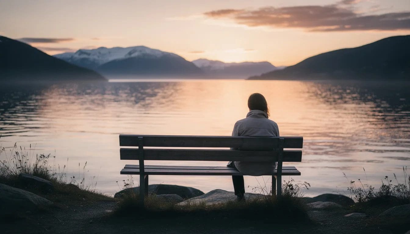 Eksistensiell angst – når livets store spørsmål blir tunge å bære 1 En person sitter alene på en benk og ser ut over en vakker fjord ved solnedgang, omgitt av en følelse av eksistensiell angst og grubling over meningen med livet. Det stille landskapet gir rom for refleksjon og tanker om livets store spørsmål.